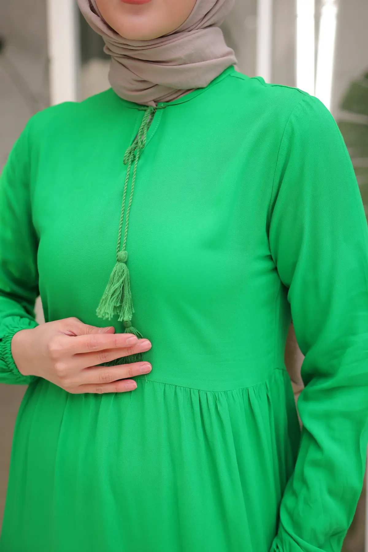 8232 Yakası İpli Elbise Yeşil-detail