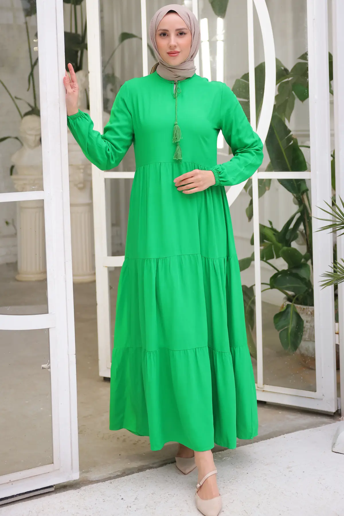 8232 Yakası İpli Elbise Yeşil-detail