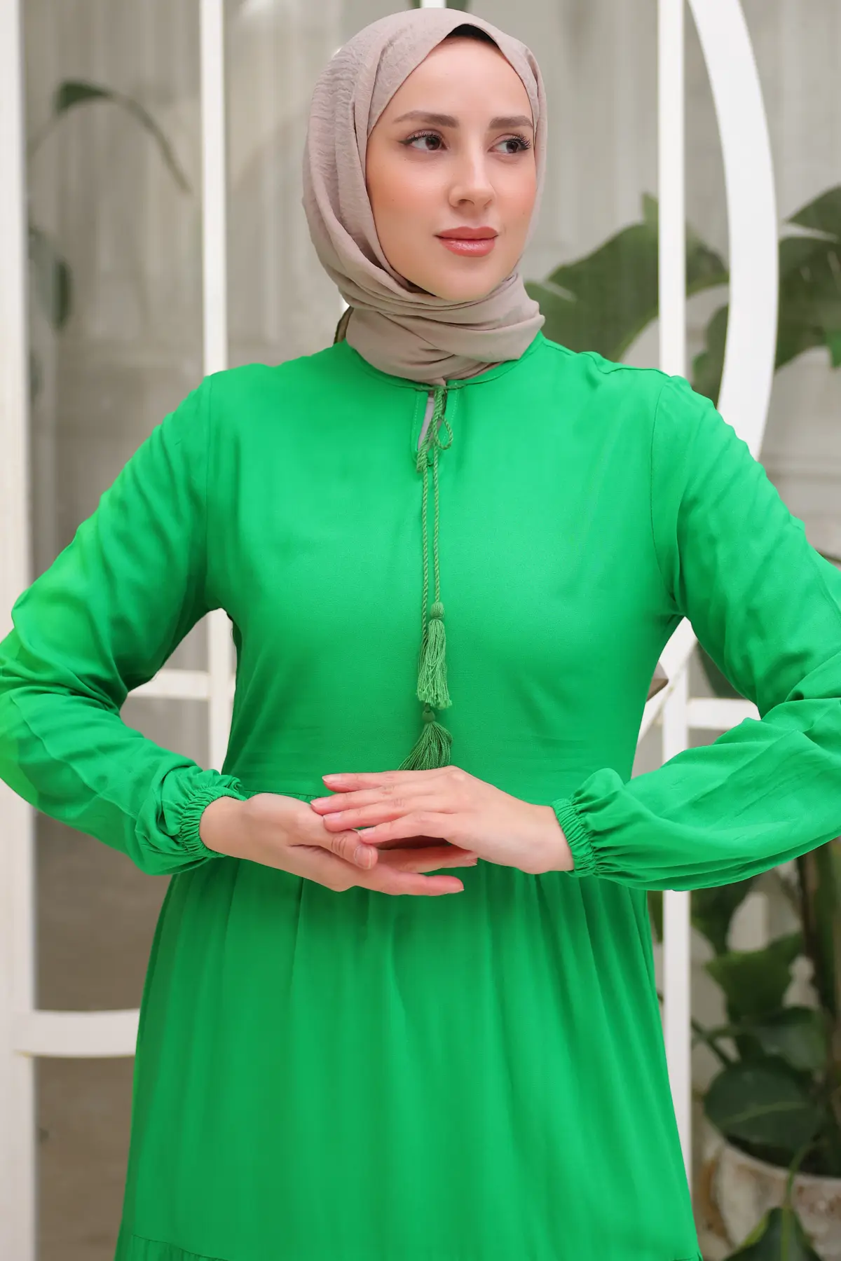 8232 Yakası İpli Elbise Yeşil-detail