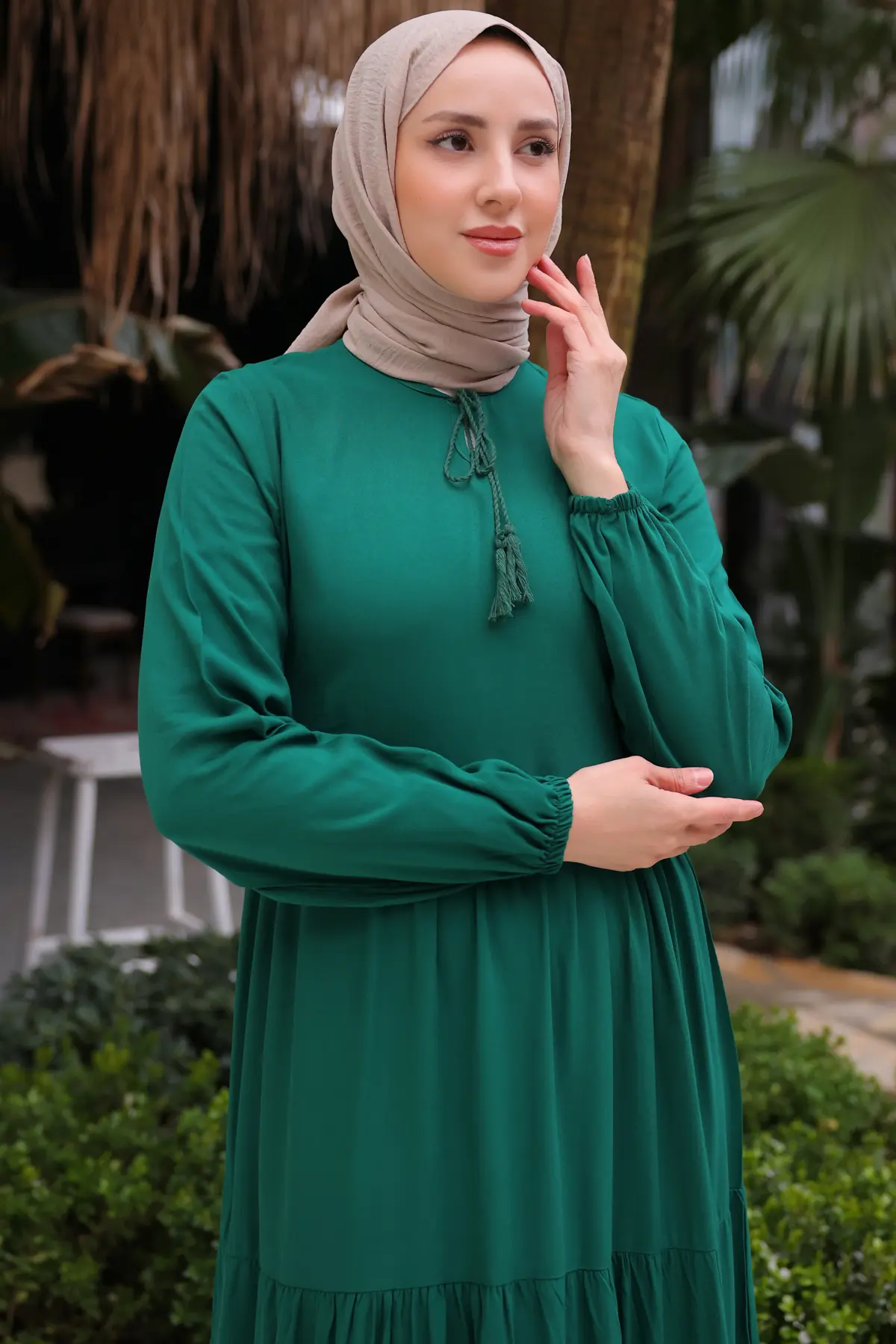 8232 Yakası İpli Elbise Zümrüt Yeşili-detail