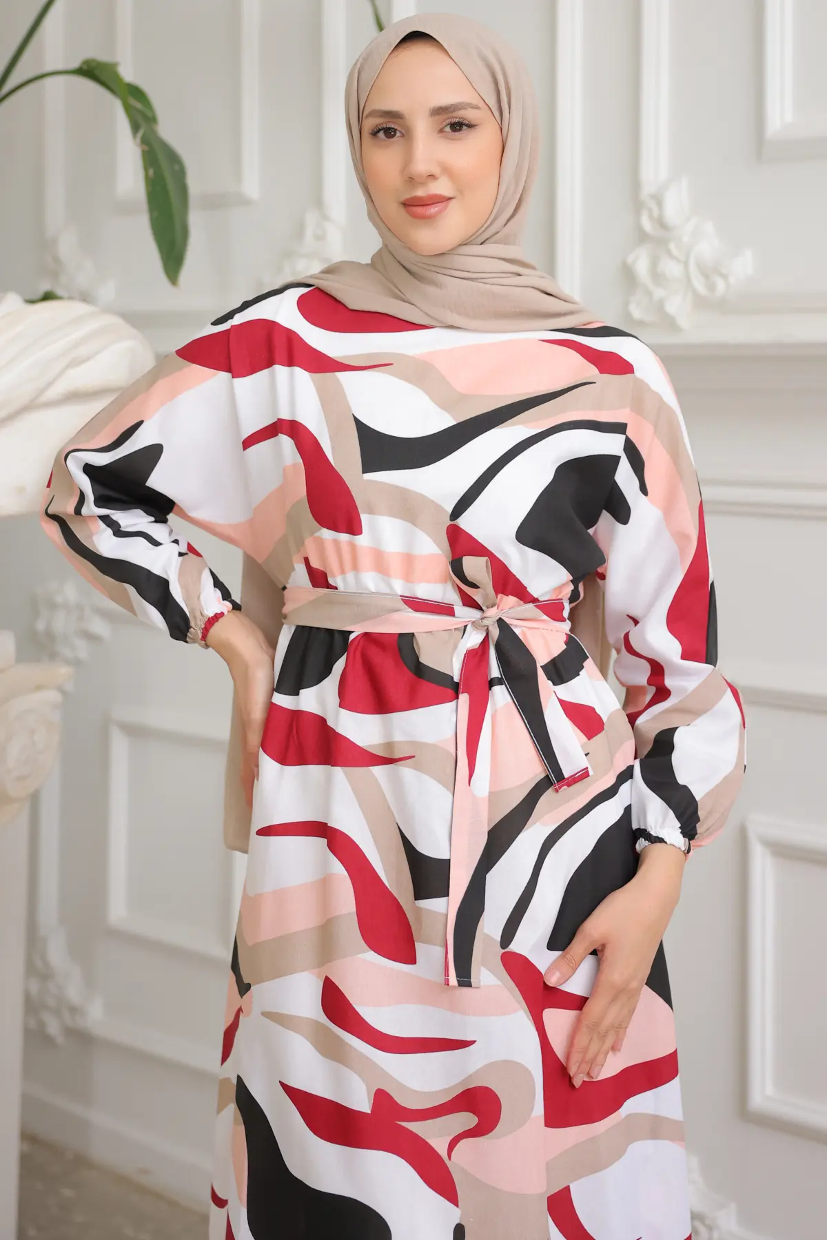 8234 Beli Lastikli Desenli Tesettür Elbise Bordo-detail