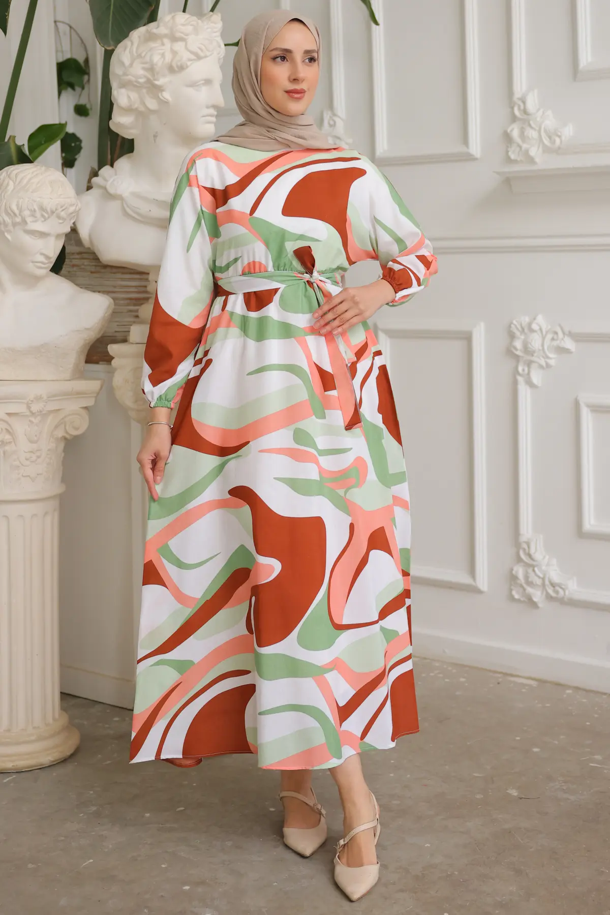 8234 Beli Lastikli Desenli Tesettür Elbise Kahverengi-detail