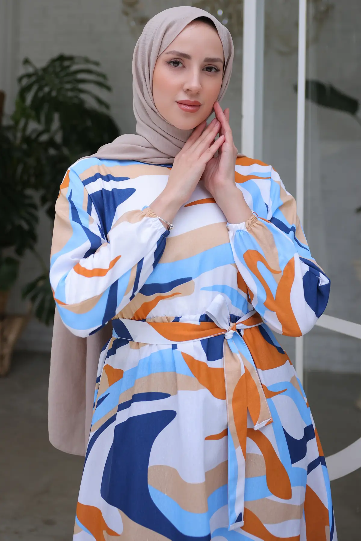 8234 Beli Lastikli Desenli Tesettür Elbise Mavi-detail