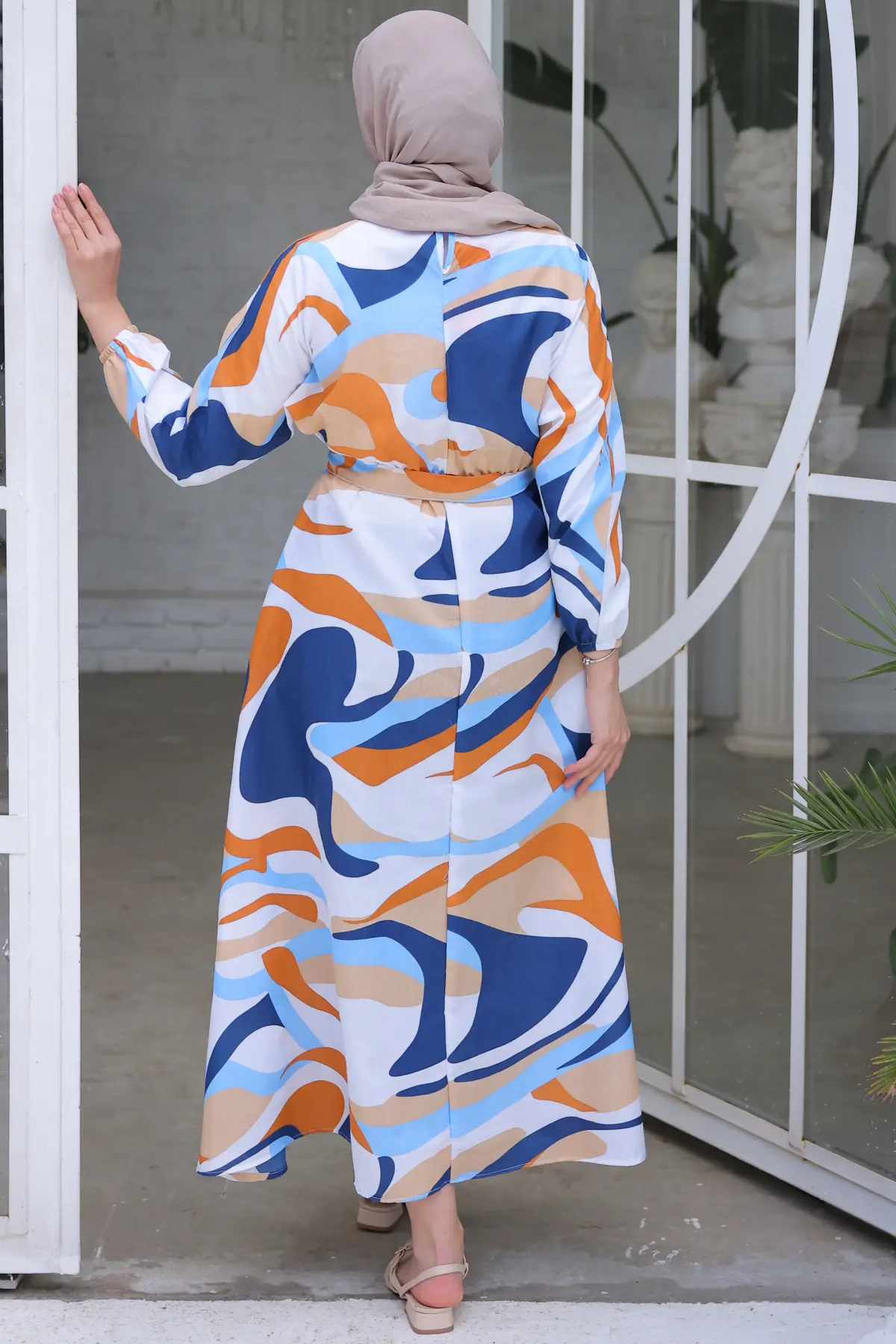 8234 Beli Lastikli Desenli Tesettür Elbise Mavi-detail