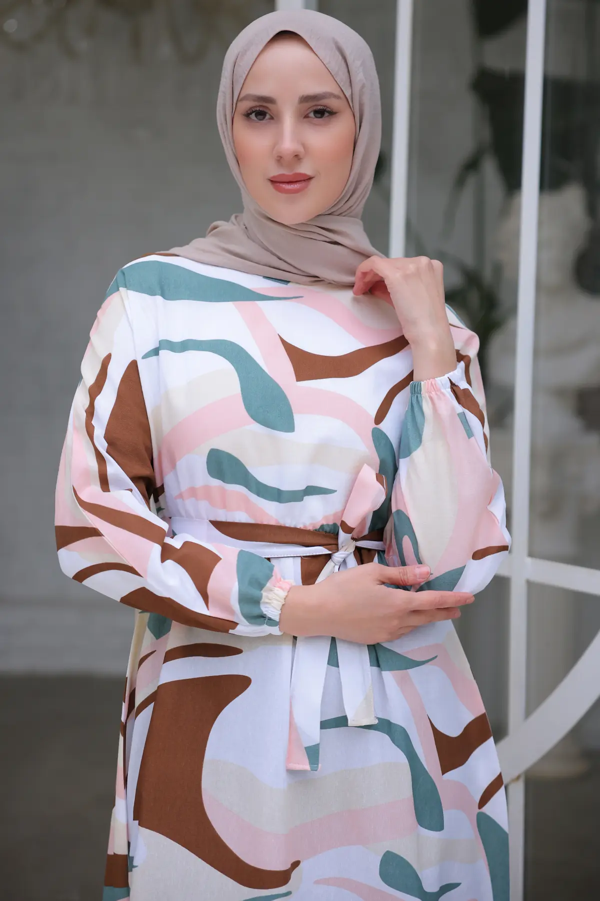 8234 Beli Lastikli Desenli Tesettür Elbise Mint Yeşili-detail