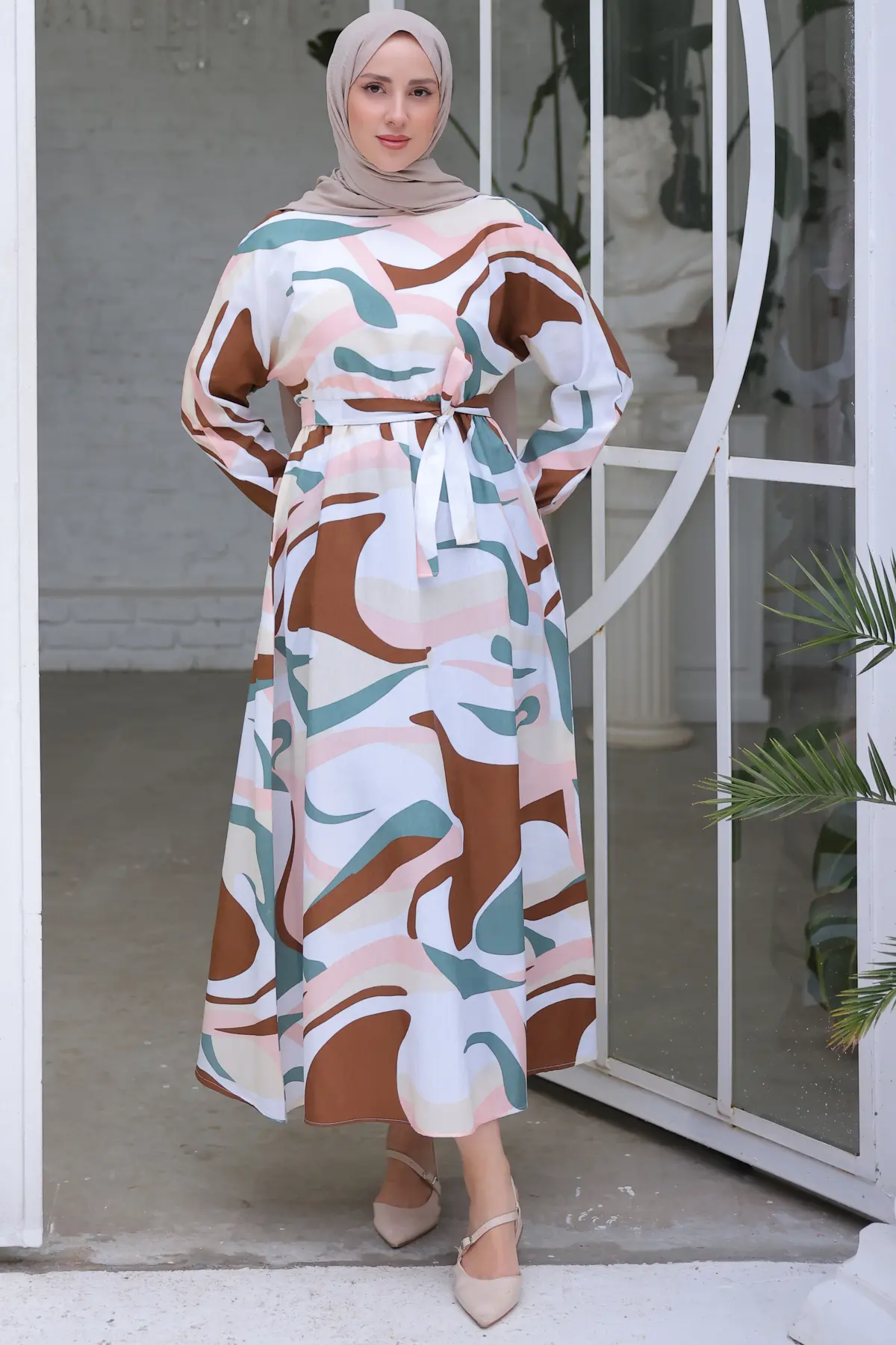 8234 Beli Lastikli Desenli Tesettür Elbise Mint Yeşili-detail