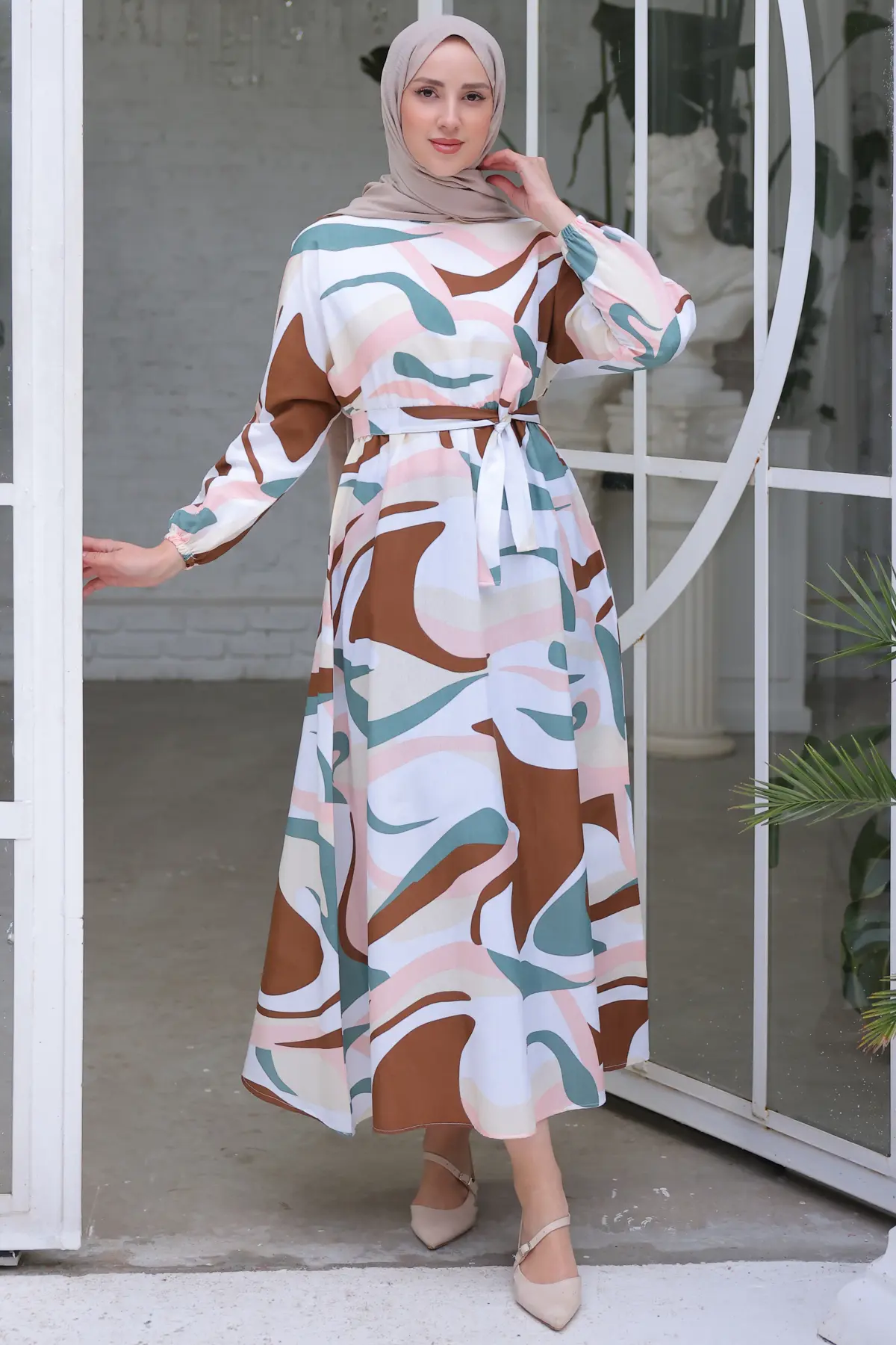 8234 Beli Lastikli Desenli Tesettür Elbise Mint Yeşili-detail