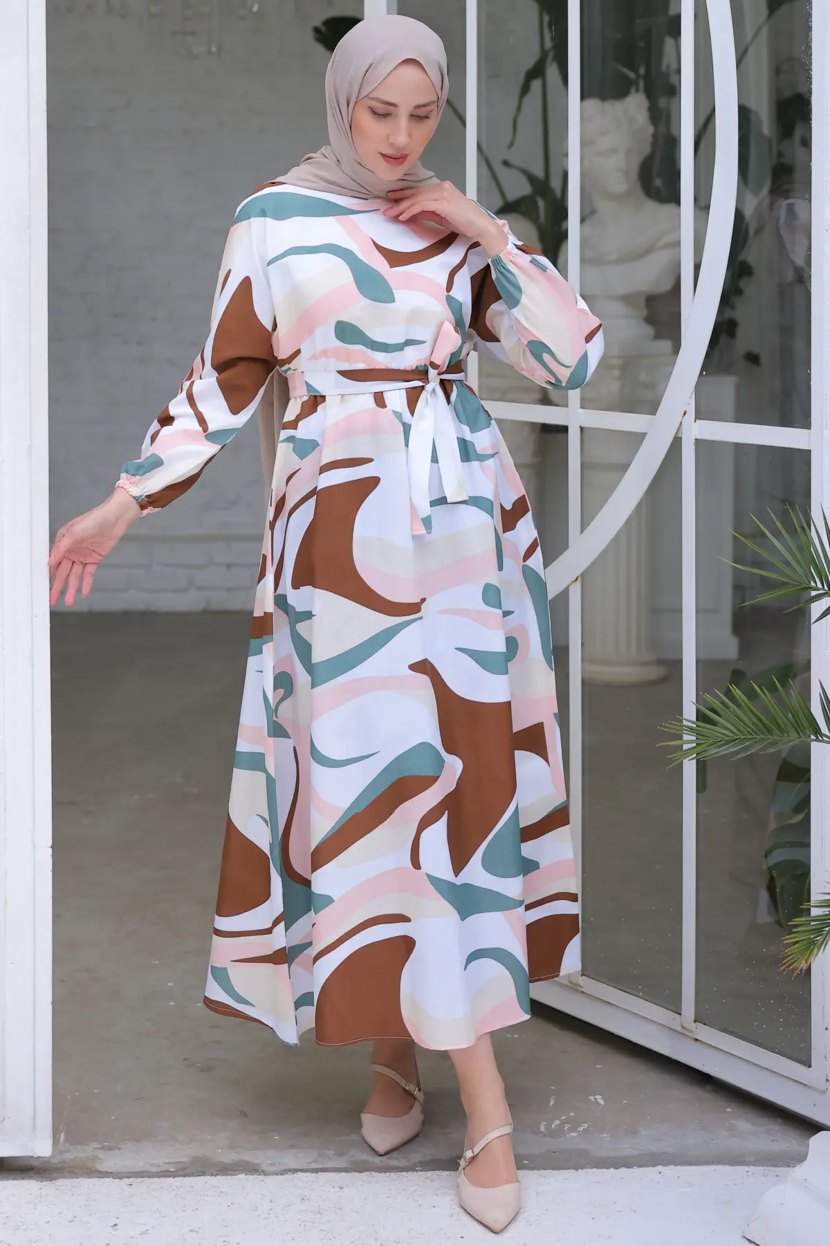 8234 Beli Lastikli Desenli Tesettür Elbise Mint Yeşili-detail