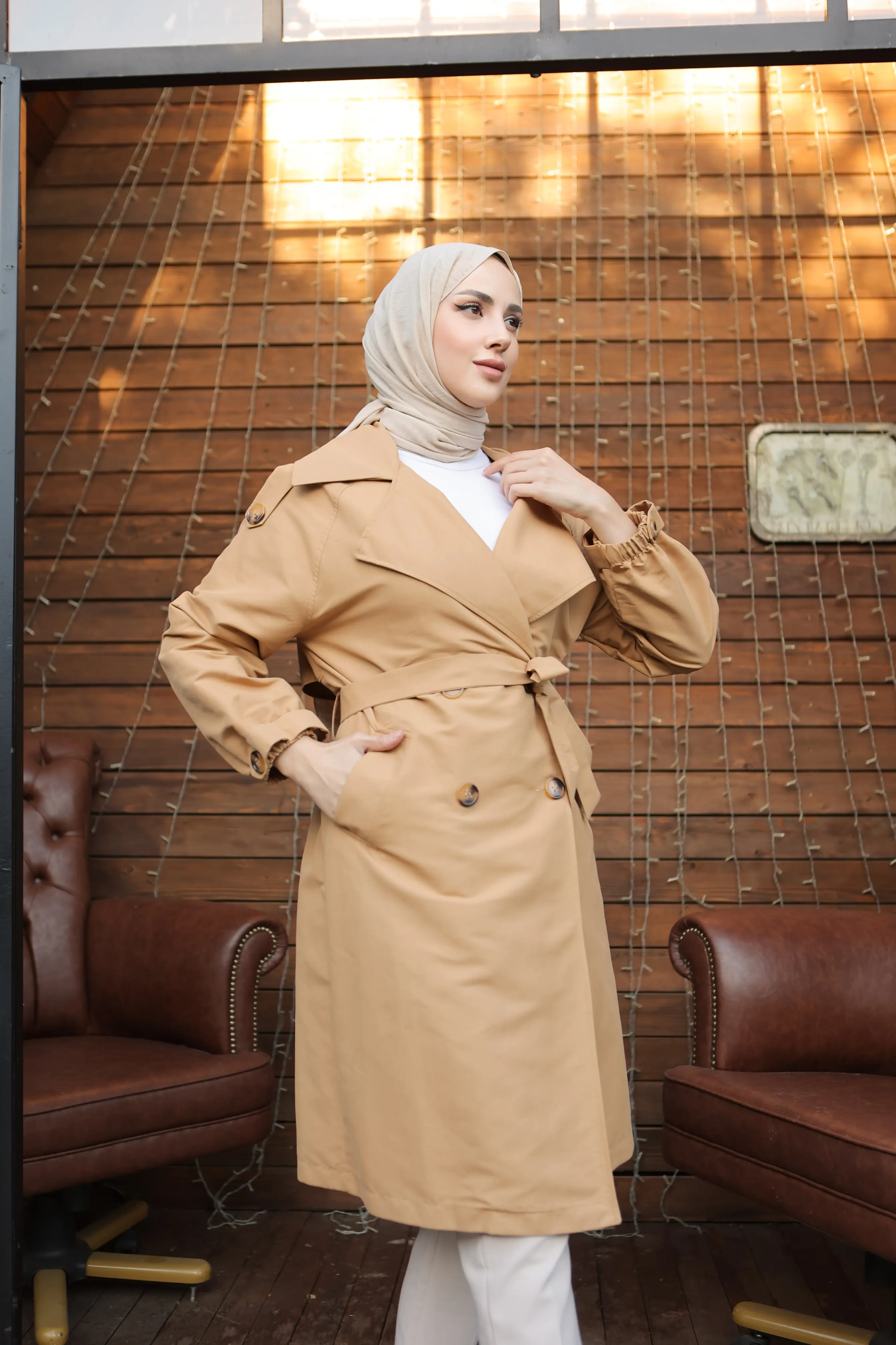 8451 Geniş Yaka Trençkot Camel-detail