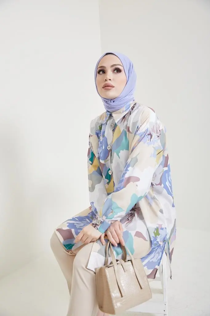 8880 Desenli Tesettür Gömlek Bej-detail