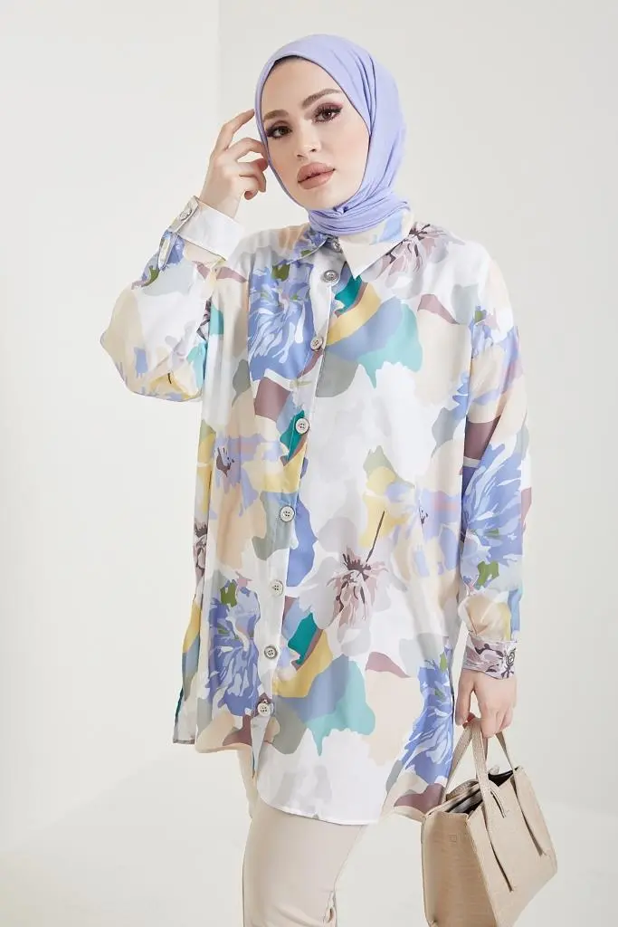 8880 Desenli Tesettür Gömlek Bej-detail