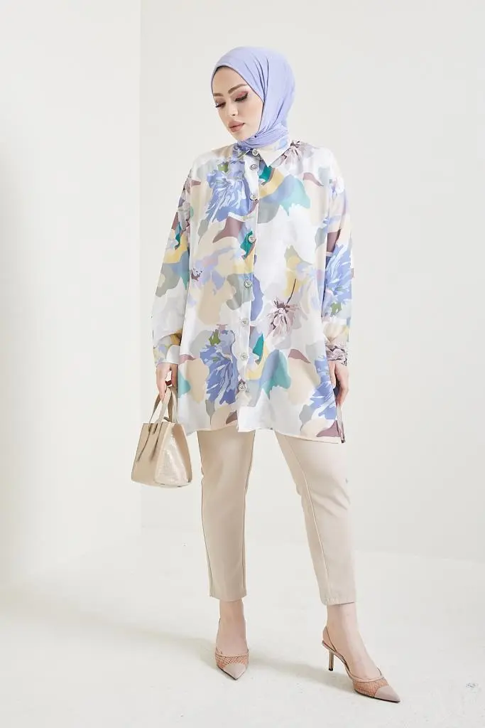 8880 Desenli Tesettür Gömlek Bej-detail