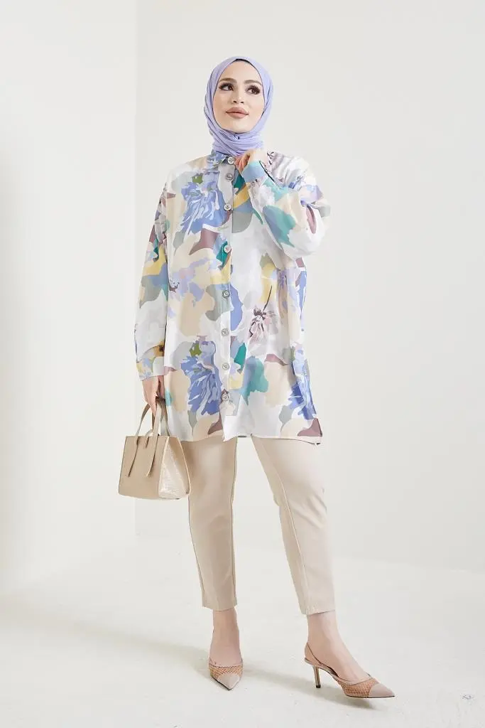 8880 Desenli Tesettür Gömlek Bej-detail