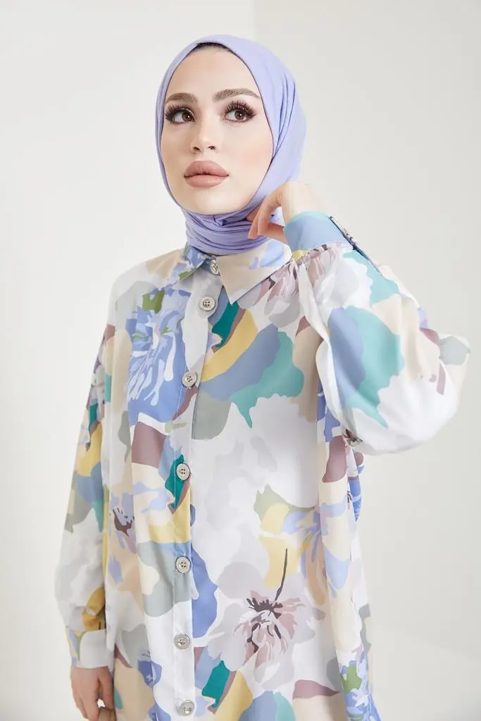 8880 Desenli Tesettür Gömlek Bej-detail