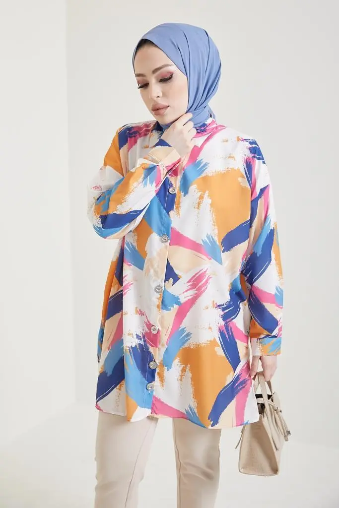 8880 Desenli Tesettür Gömlek Hardal-detail