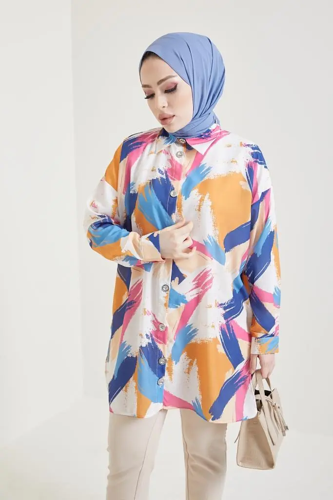 8880 Desenli Tesettür Gömlek Hardal-detail