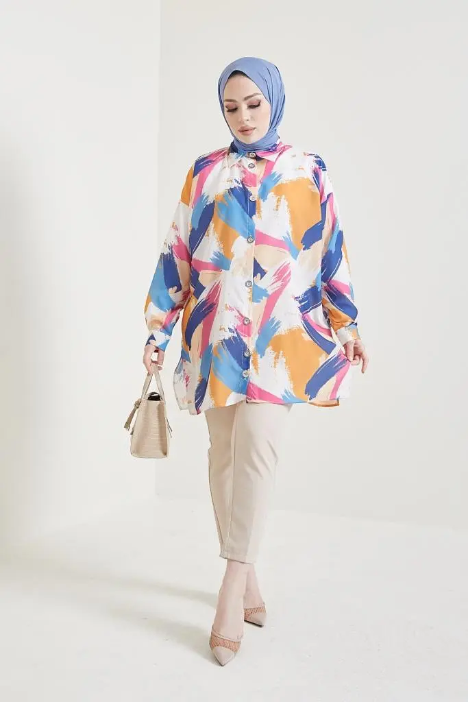 8880 Desenli Tesettür Gömlek Hardal-detail