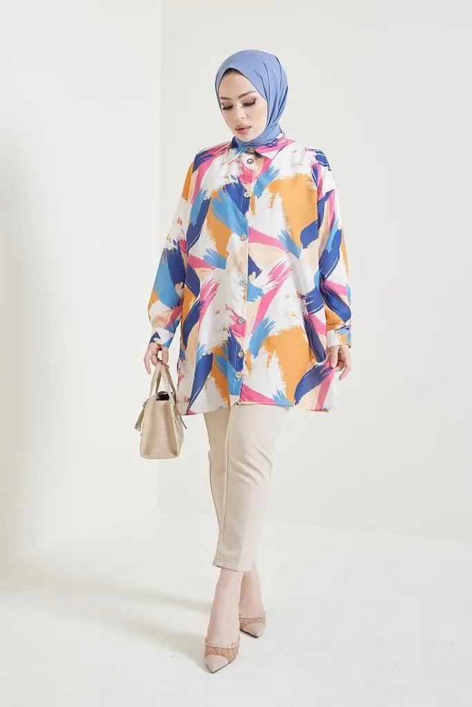 8880 Desenli Tesettür Gömlek Hardal-detail