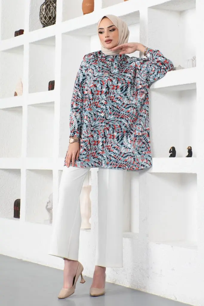 8882 Desenli Tesettür Gömlek Mint Yeşili-detail