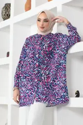 8882 Desenli Tesettür Gömlek Mor
