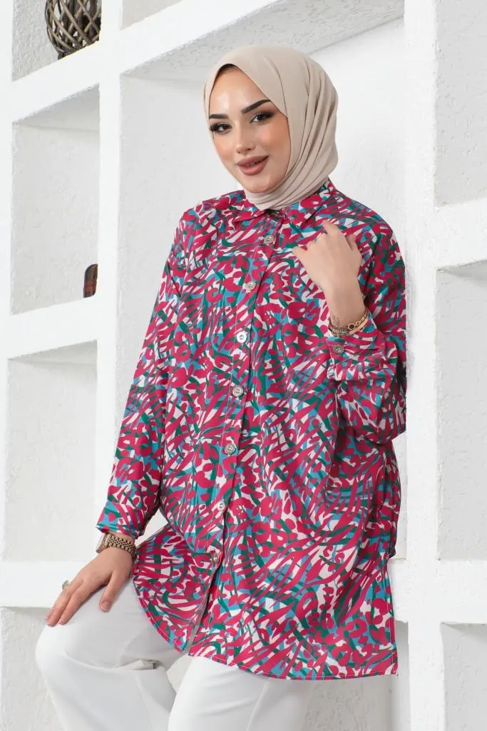 8882 Desenli Tesettür Gömlek Yeşil-detail