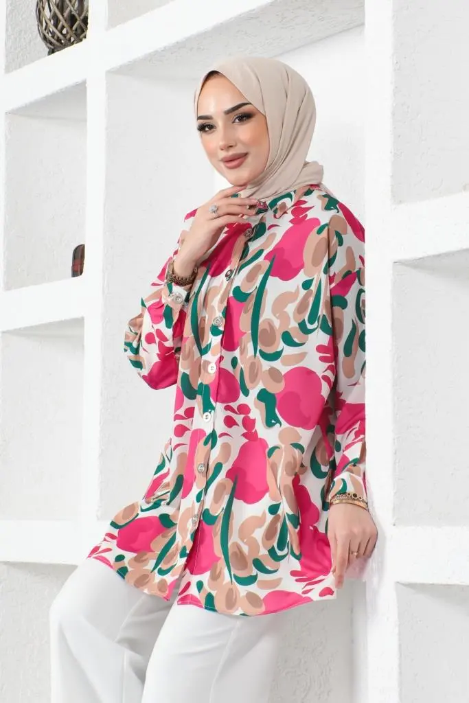 8885 Desenli Tesettür Gömlek Fuşya-detail