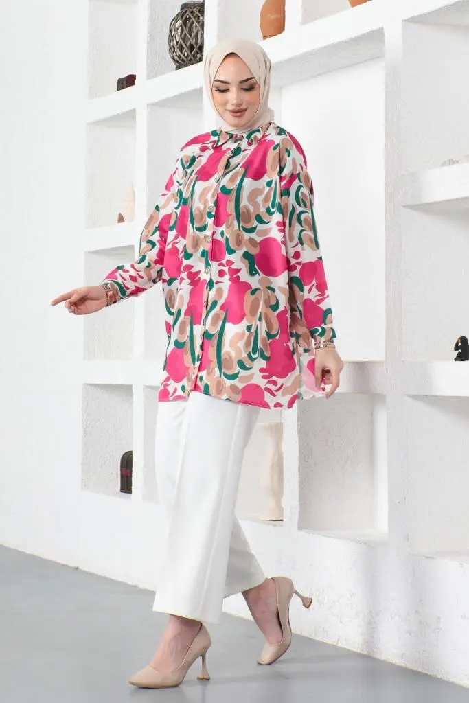 8885 Desenli Tesettür Gömlek Fuşya-detail