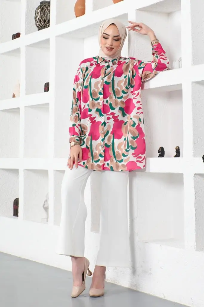 8885 Desenli Tesettür Gömlek Fuşya-detail