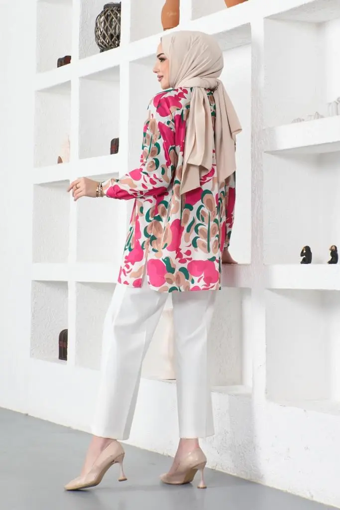 8885 Desenli Tesettür Gömlek Fuşya-detail