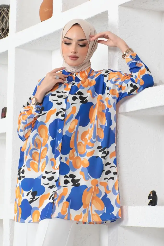 8885 Desenli Tesettür Gömlek Saks Mavisi-detail