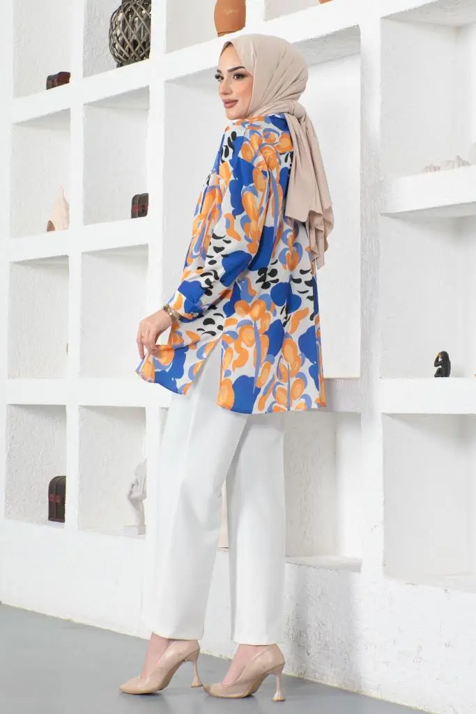 8885 Desenli Tesettür Gömlek Saks Mavisi-detail