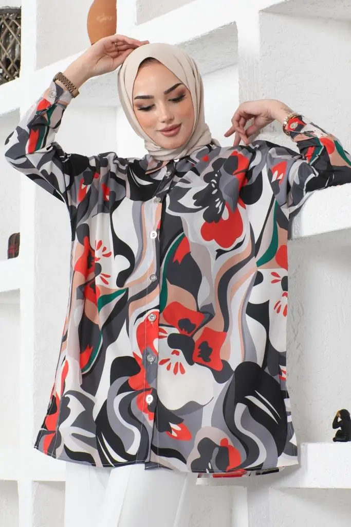 8885 Desenli Tesettür Gömlek Siyah-detail