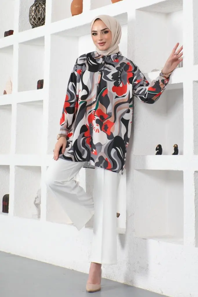 8885 Desenli Tesettür Gömlek Siyah-detail