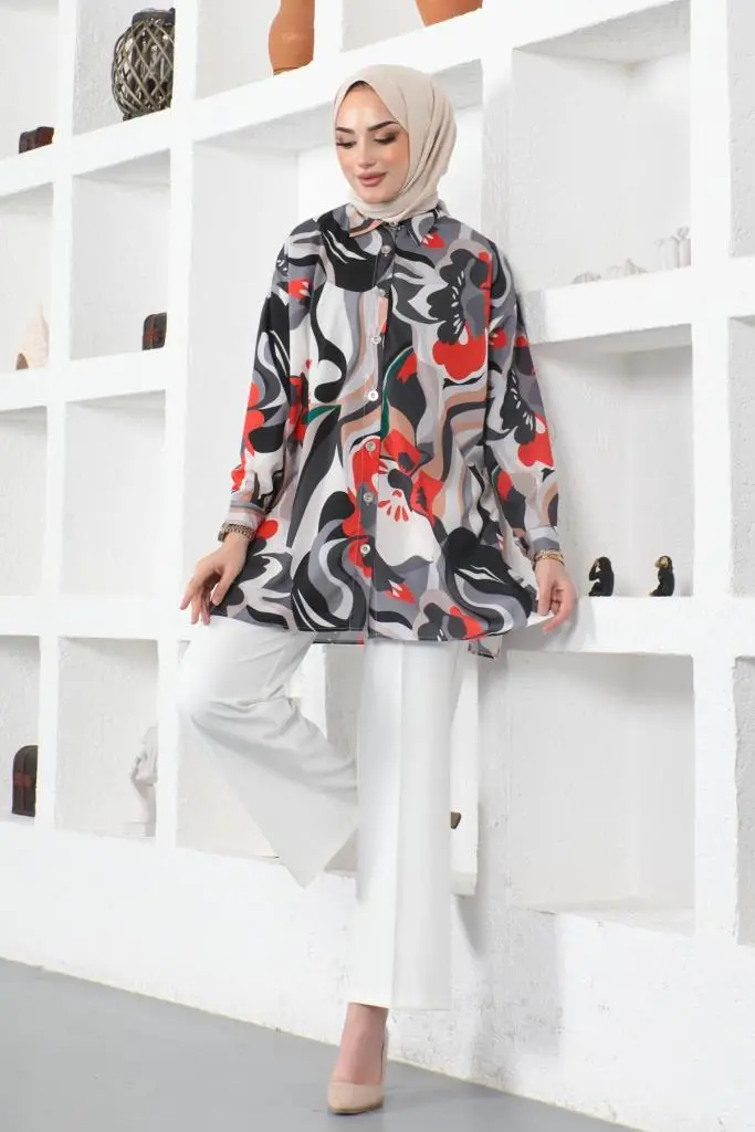 8885 Desenli Tesettür Gömlek Siyah-detail