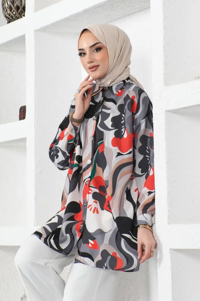 8885 Desenli Tesettür Gömlek Siyah-detail