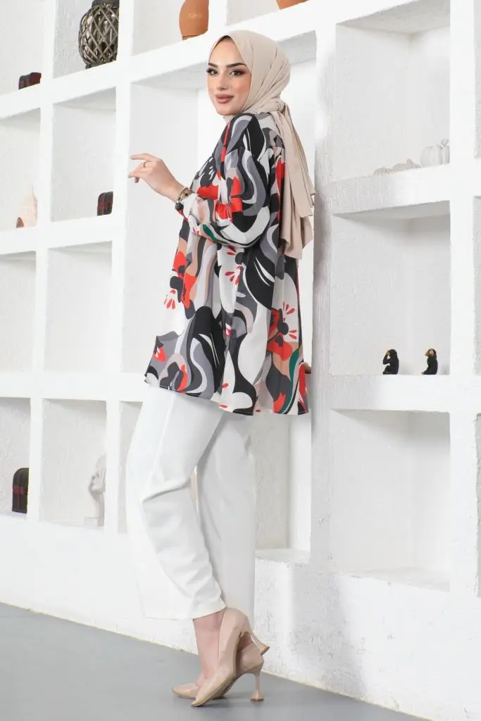 8885 Desenli Tesettür Gömlek Siyah-detail