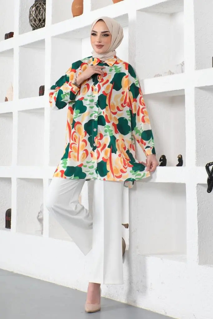 8885 Desenli Tesettür Gömlek Zümrüt Yeşili-detail