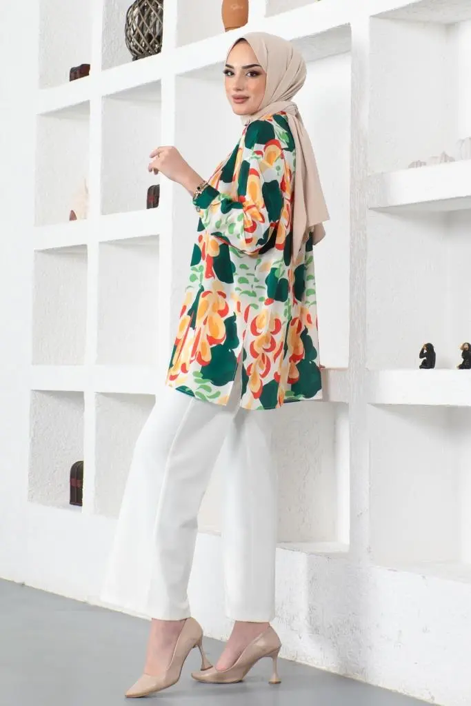 8885 Desenli Tesettür Gömlek Zümrüt Yeşili-detail