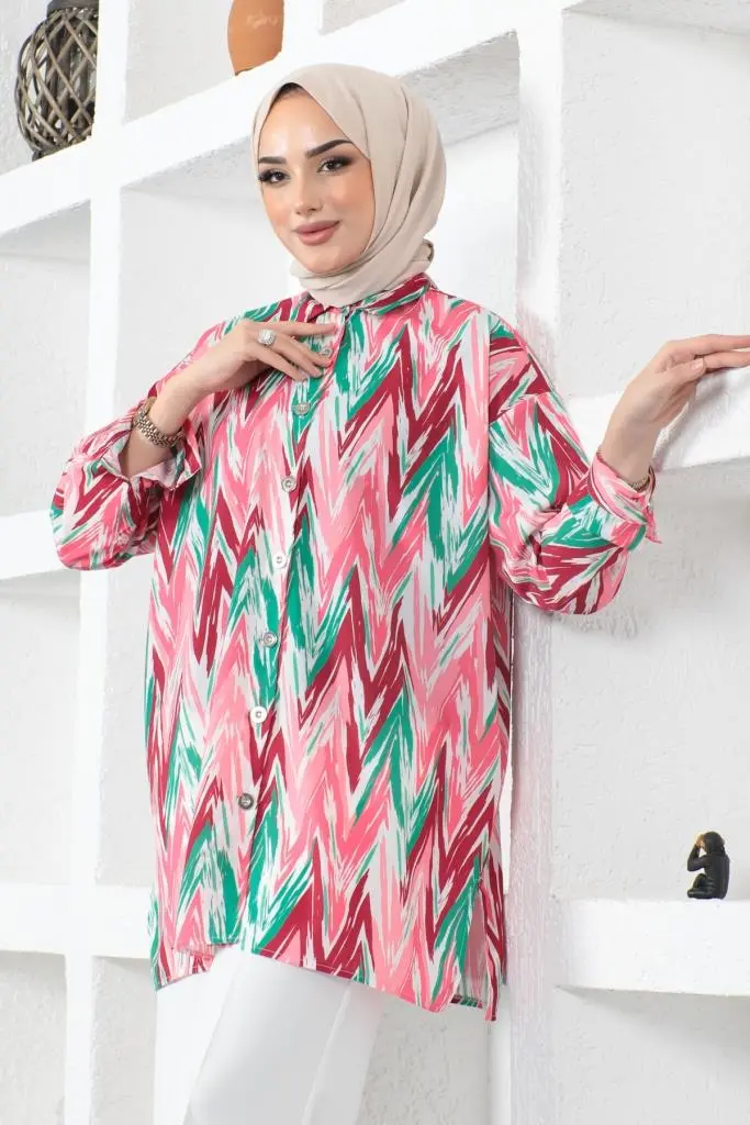 8887 Desenli Tesettür Gömlek Fuşya-detail