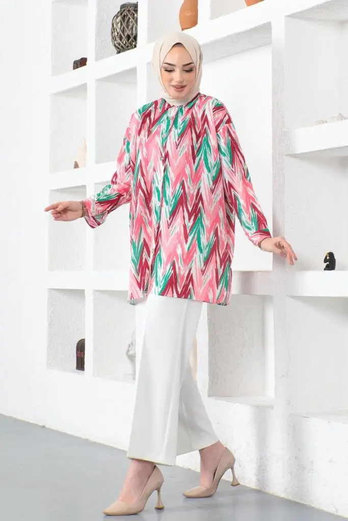 8887 Desenli Tesettür Gömlek Fuşya-detail