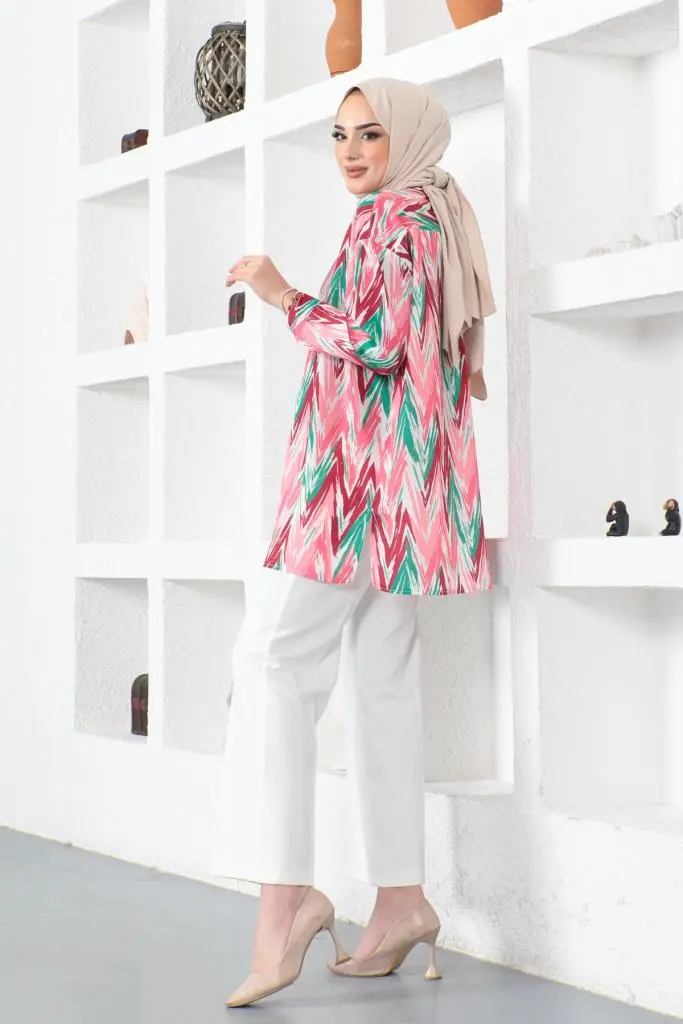 8887 Desenli Tesettür Gömlek Fuşya-detail