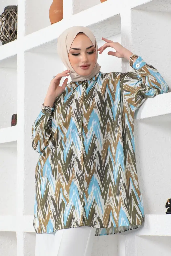 8887 Desenli Tesettür Gömlek Haki-detail