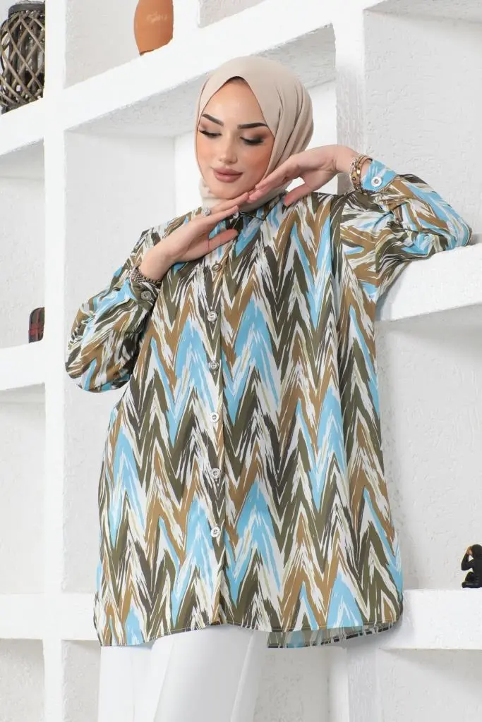 8887 Desenli Tesettür Gömlek Haki-detail