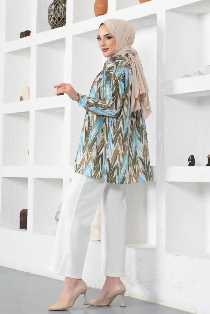 8887 Desenli Tesettür Gömlek Haki-detail