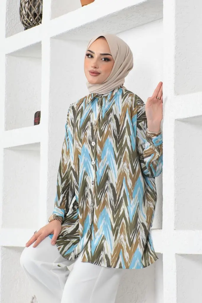 8887 Desenli Tesettür Gömlek Haki-detail