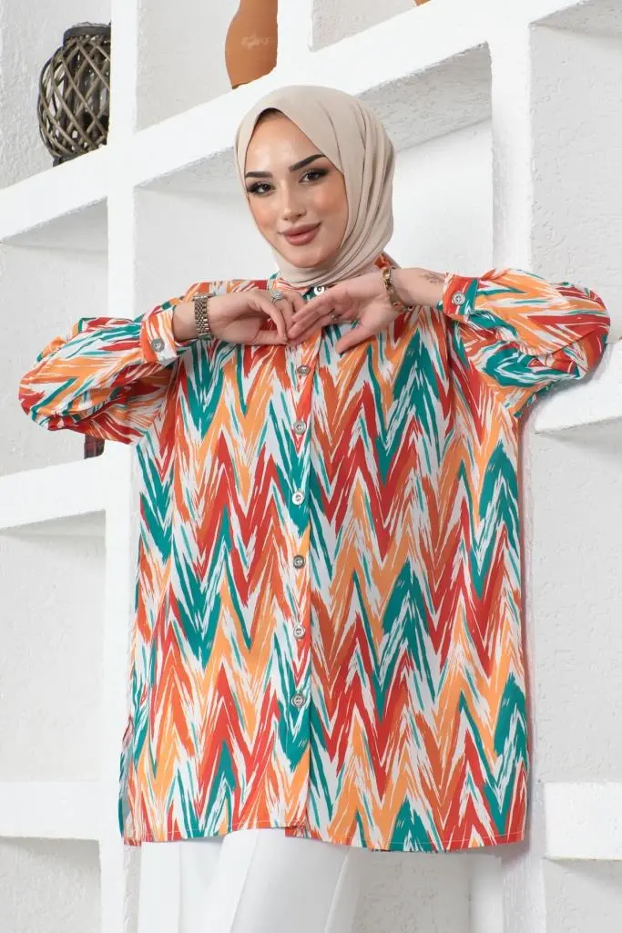 8887 Desenli Tesettür Gömlek Oranj-detail