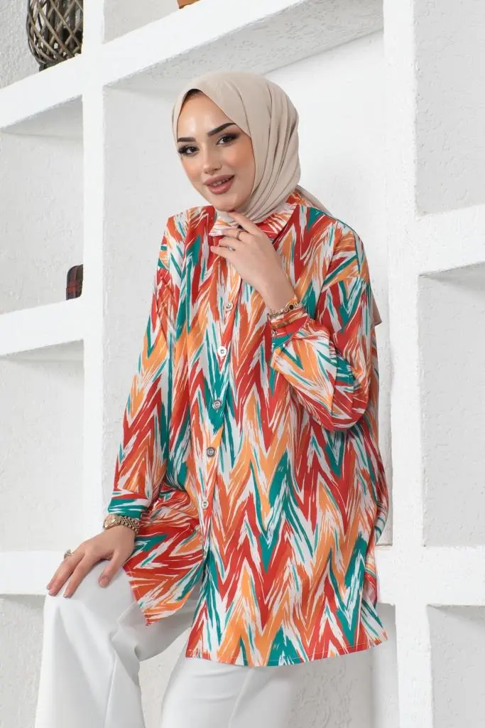8887 Desenli Tesettür Gömlek Oranj-detail