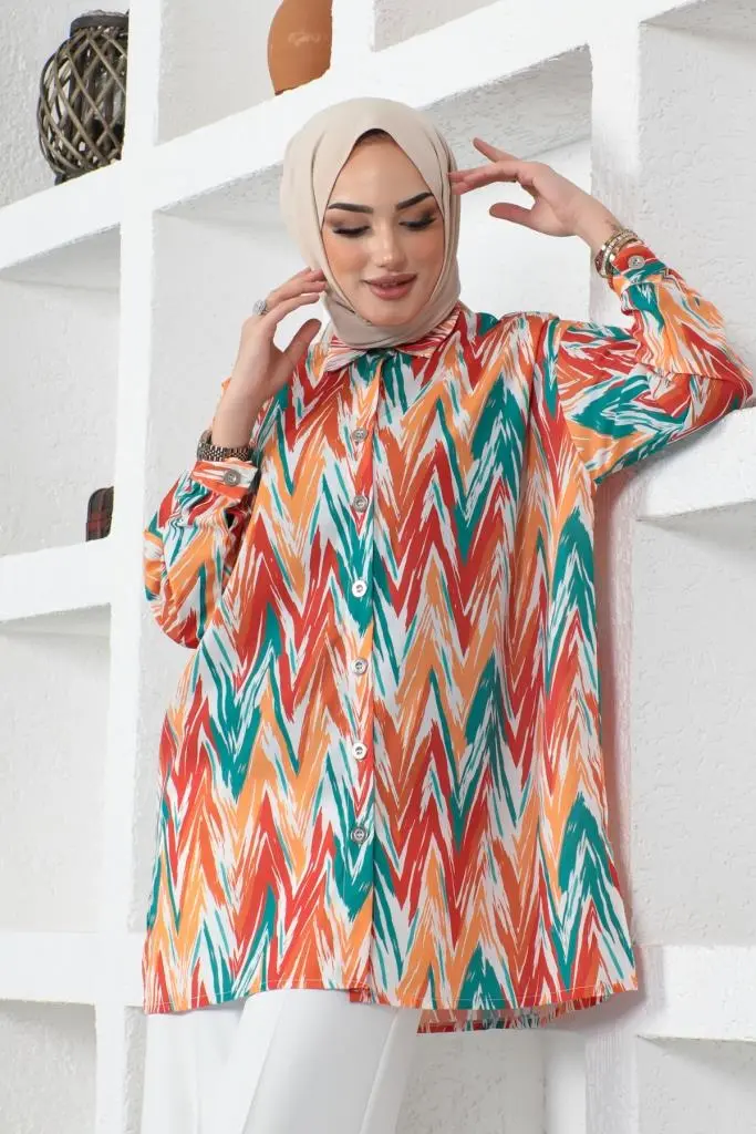 8887 Desenli Tesettür Gömlek Oranj-detail