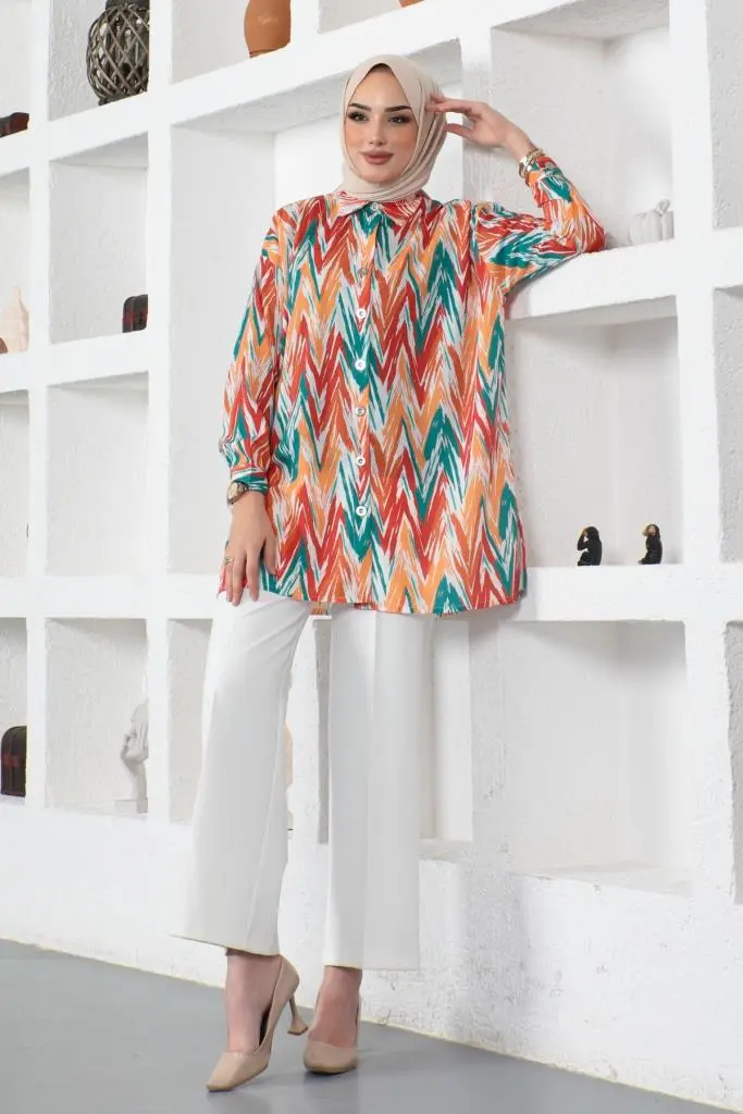 8887 Desenli Tesettür Gömlek Oranj-detail