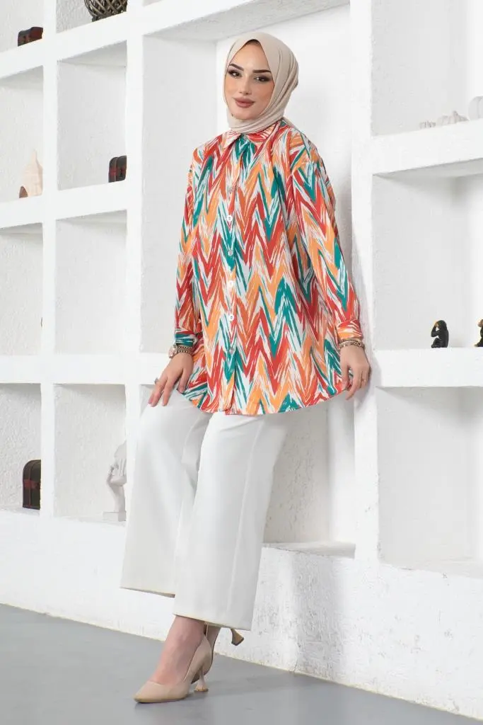 8887 Desenli Tesettür Gömlek Oranj-detail